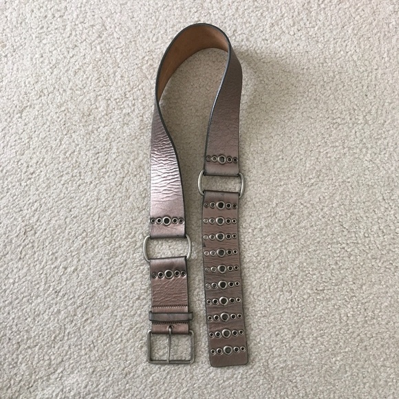 WCM New York Solid Brass Buckle Grommets Metallic Leather Wide Belt L Boho Punk - Picture 1 of 16